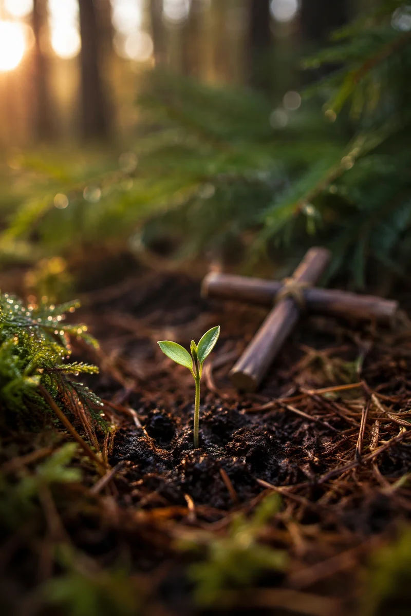 Seedling Sprouting on Evergreen Forest Floor