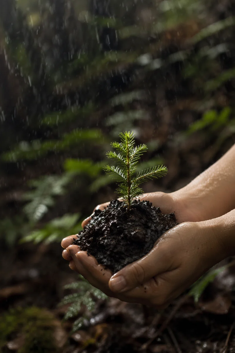 Evergreen Seedling Sprouting in Caring Hands