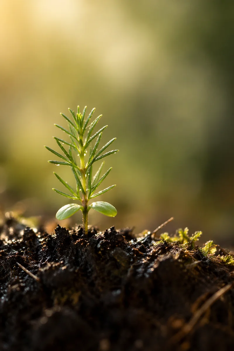 Evergreen Seedling Sprouting in Morning Soil
