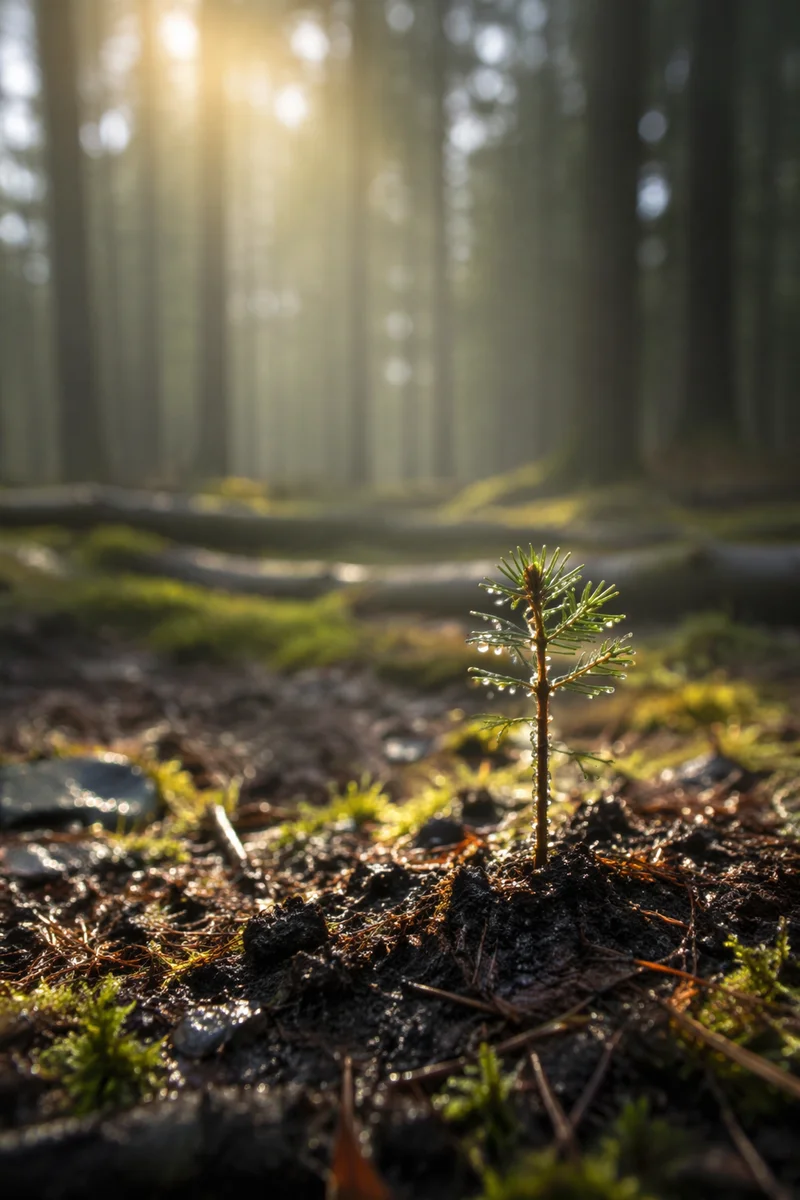 Evergreen Seedling Sprouting in Morning Light