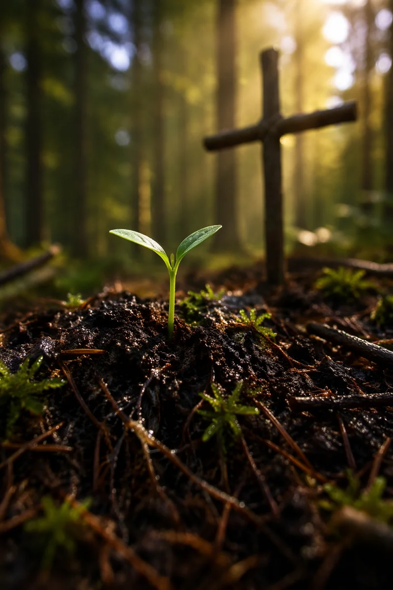 Seedling Sprouting in Evergreen Forest Light