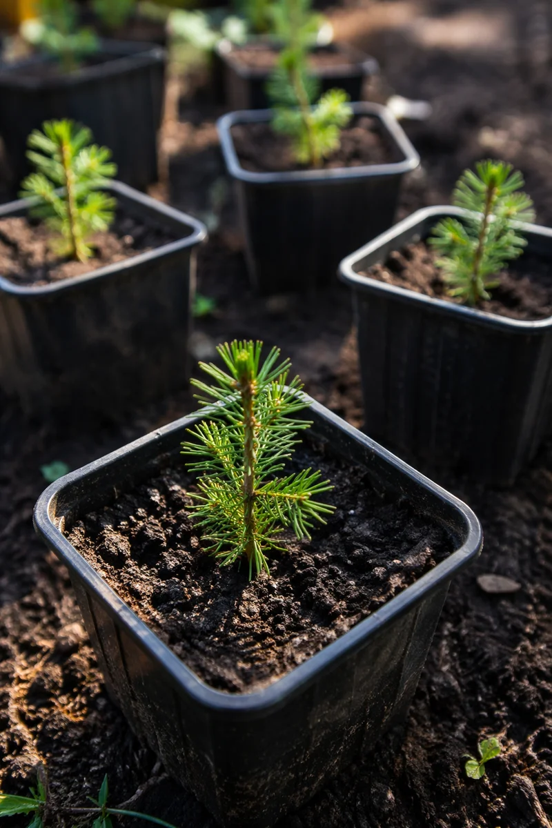 Evergreen Seedling Sprouting in Morning Soil