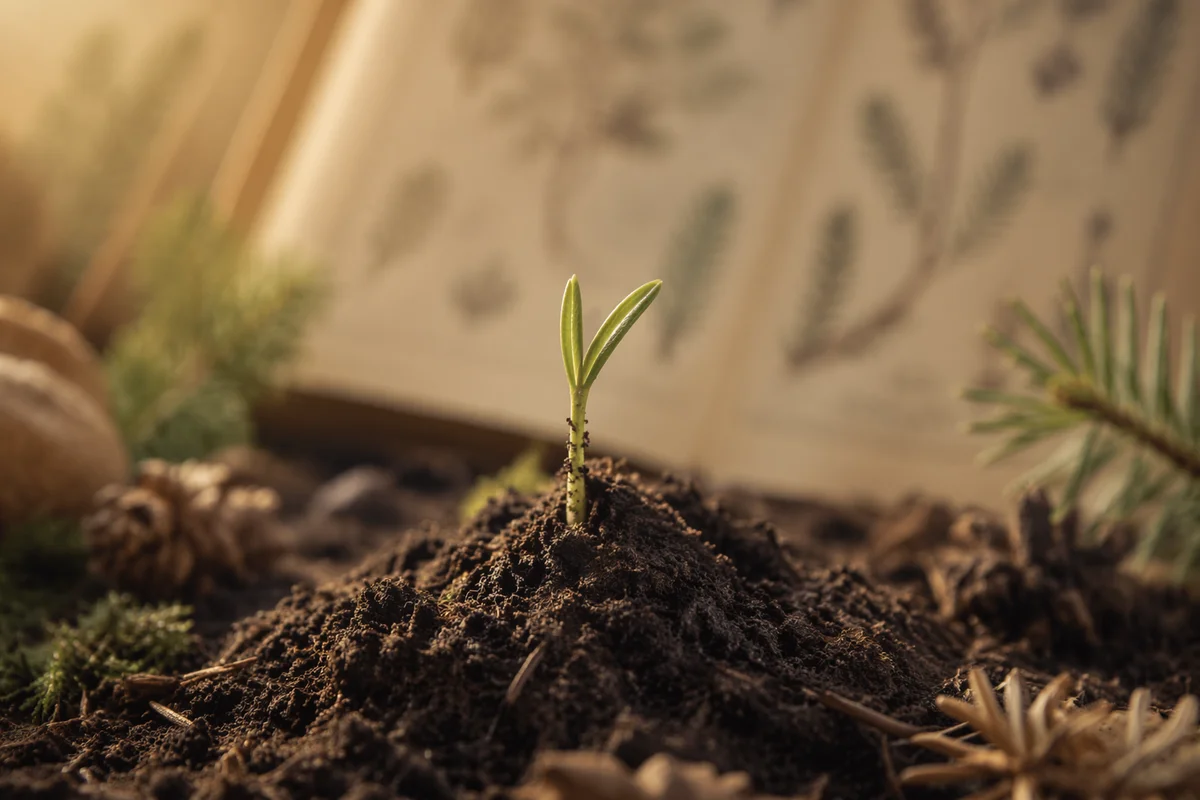 Evergreen Seedling Sprouting in Morning Soil