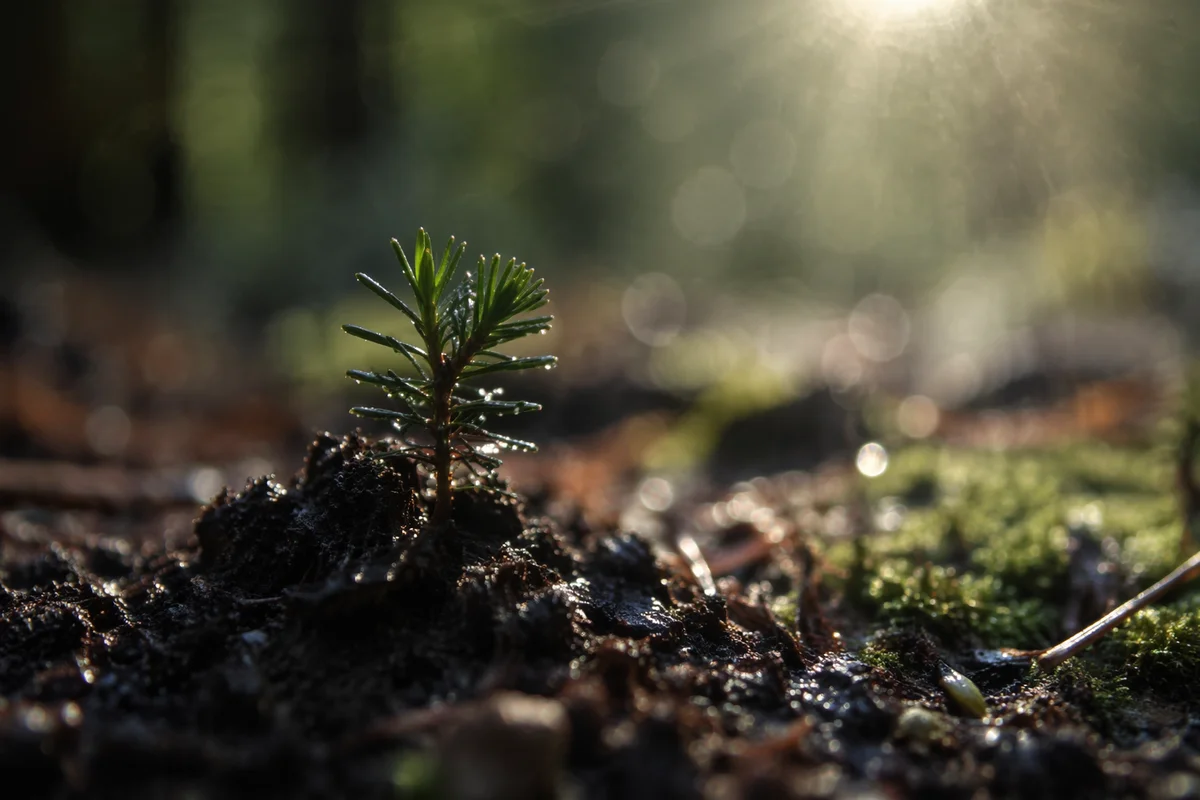 Evergreen Seedling Emerging in Morning Forest Soil