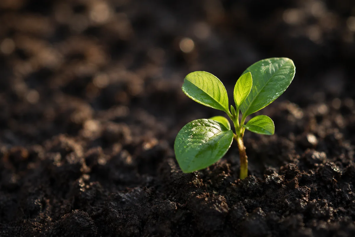 Evergreen Seedling Sprouting in Morning Soil