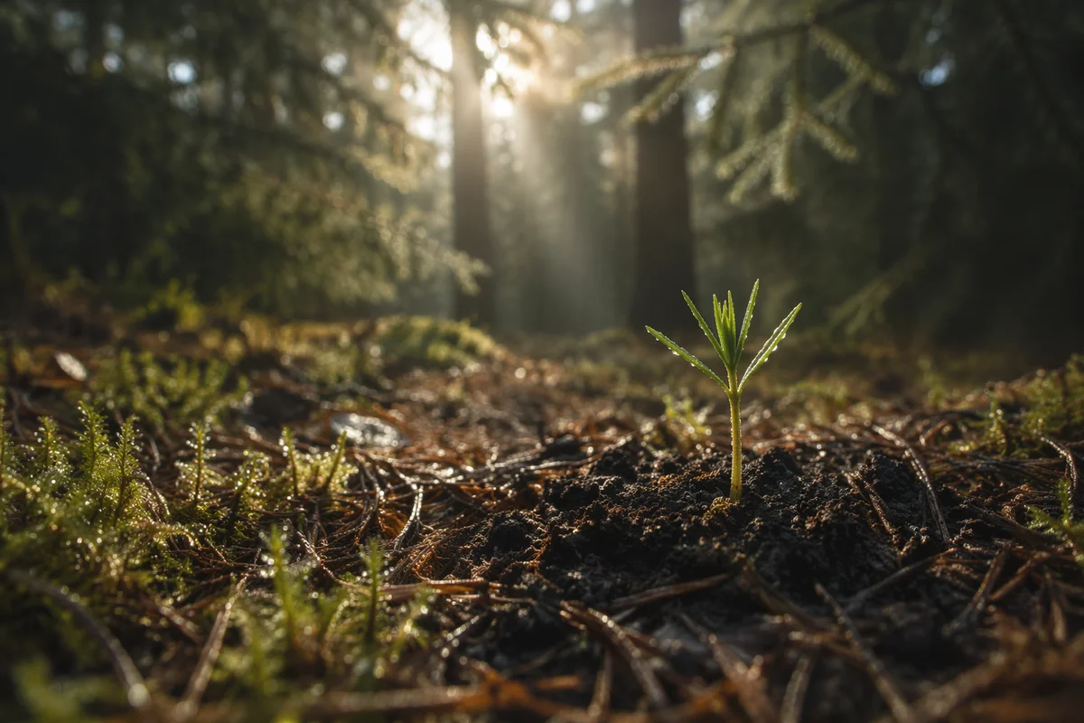 Hopeful Seedling Sprouting on Evergreen Forest Floor