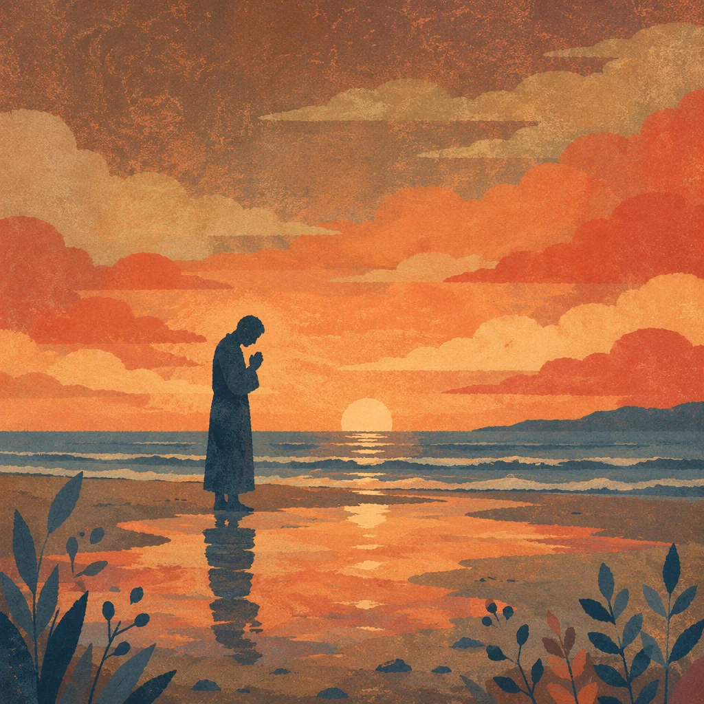 Silhouetted Prayer on Sunset Shoreline
