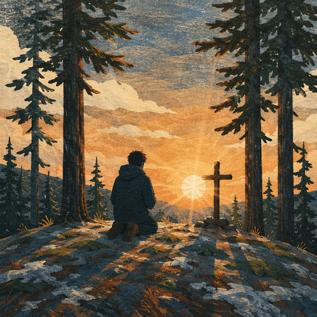 Silhouetted Prayer Beneath Evergreen Sunset