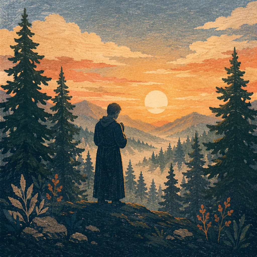 Praying Silhouette Among Pines at Sunset