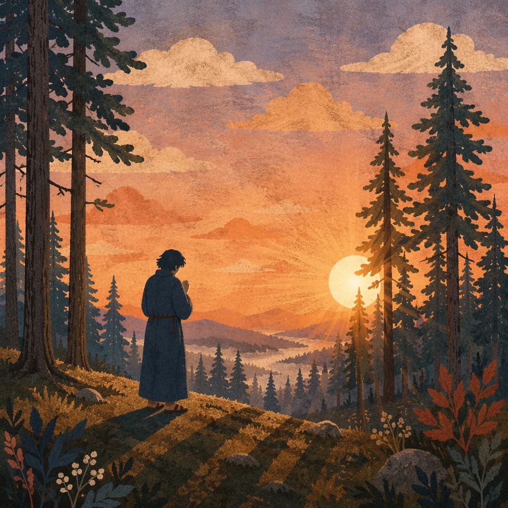 Silhouetted Prayer Among Evergreens at Sunset