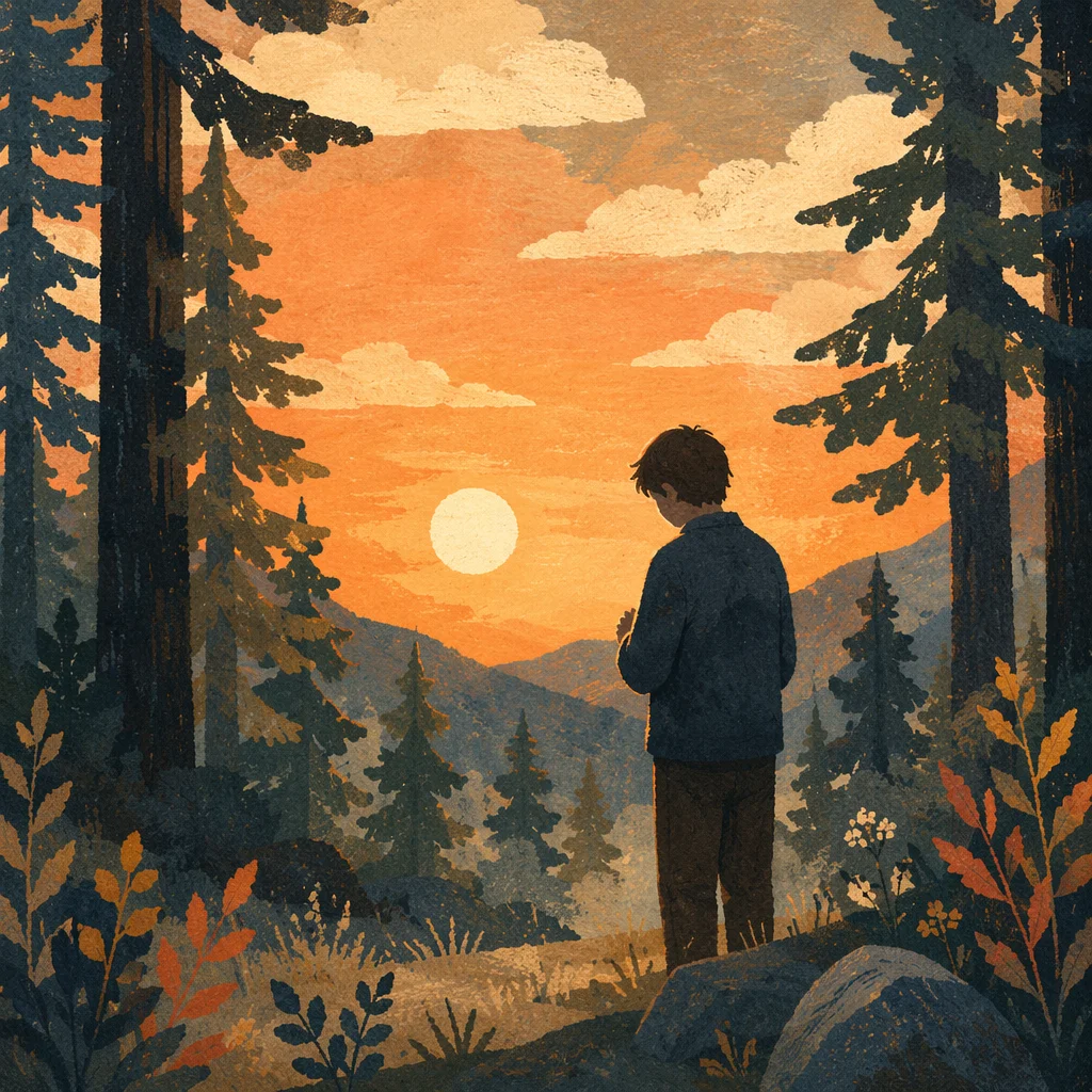 Silhouette Praying in Evergreen Sunset Clearing