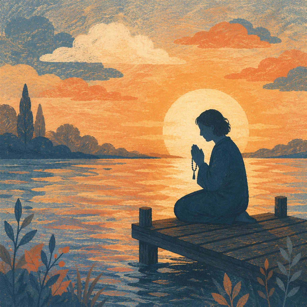 Silhouette Prayer on Dock at Sunset