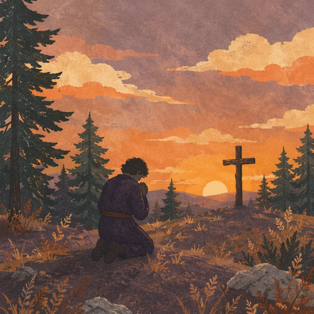 Silhouetted Prayer on Evergreen Hill at Sunset