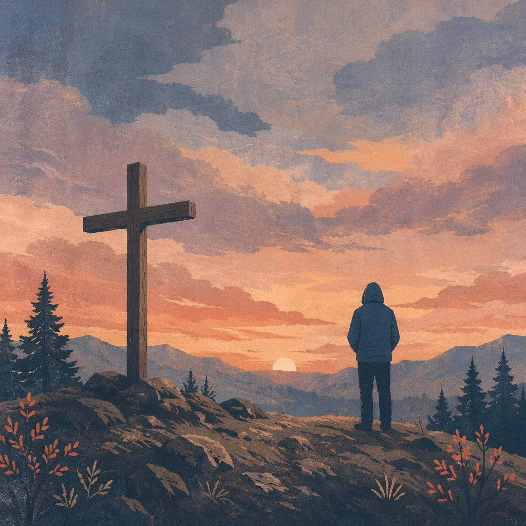 Praying Silhouette by Cross at Sunset