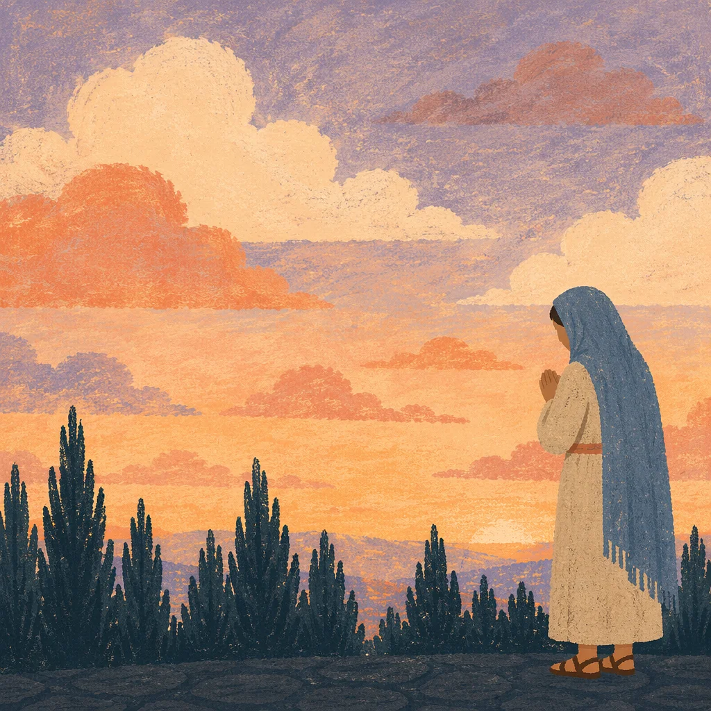 Silhouetted Prayer Beside Evergreens at Sunset