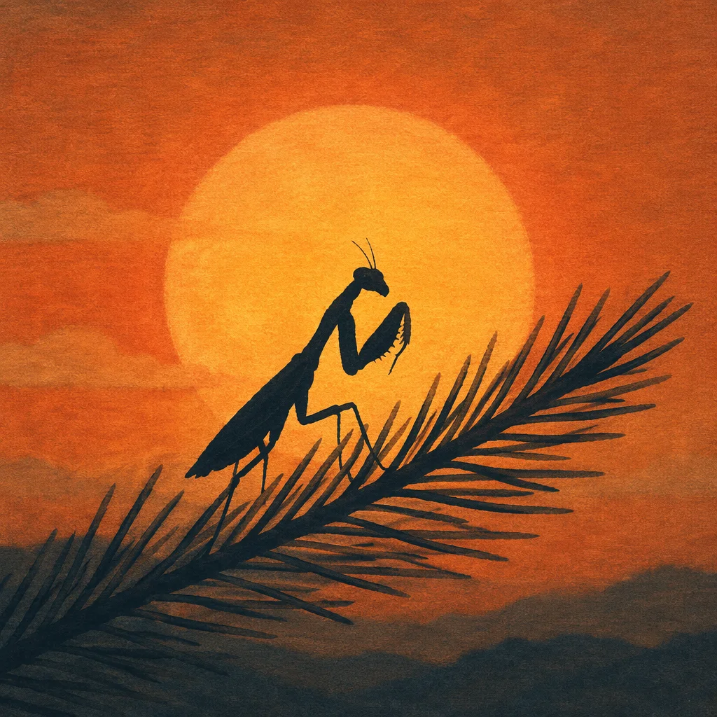 Praying Mantis Silhouette on Evergreen at Sunset