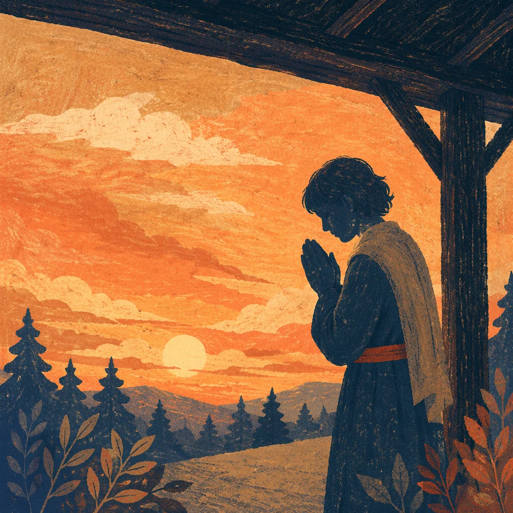 Silhouette Prayer Beneath Sunset Evergreens