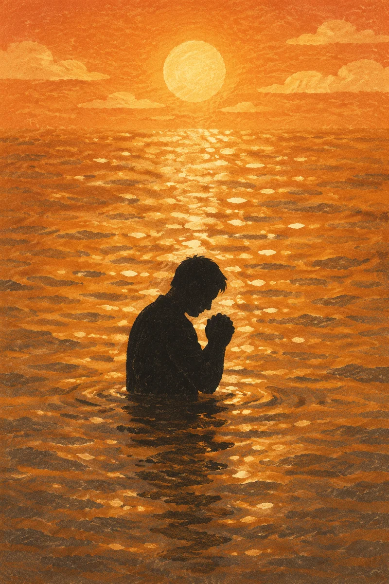 Silhouetted Prayer in Golden Sunset Waters