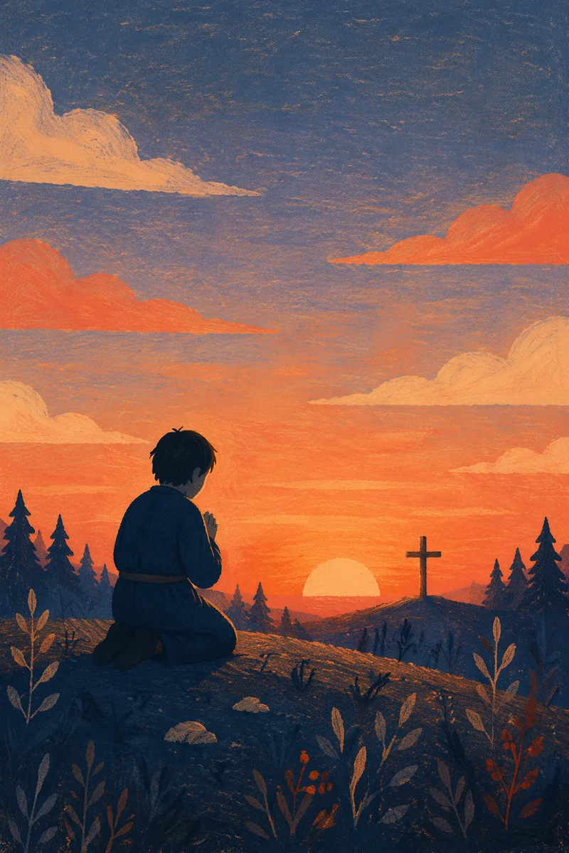 Silhouetted Prayer on Evergreen Hill at Sunset