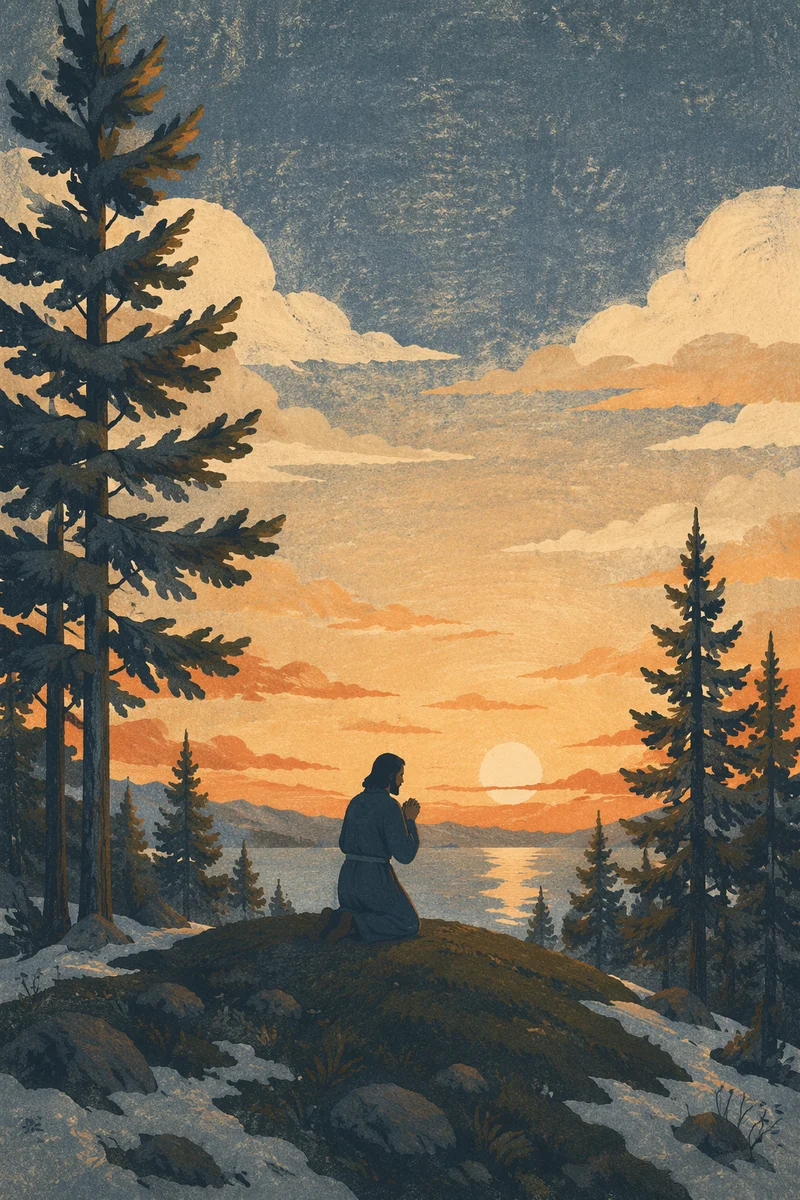 Silhouette Praying Beneath Evergreen Sunset