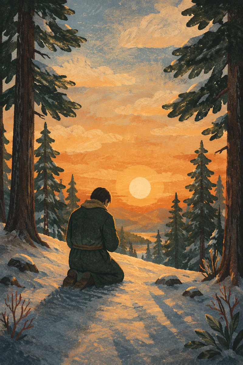 Silhouette Praying Among Evergreens at Sunset