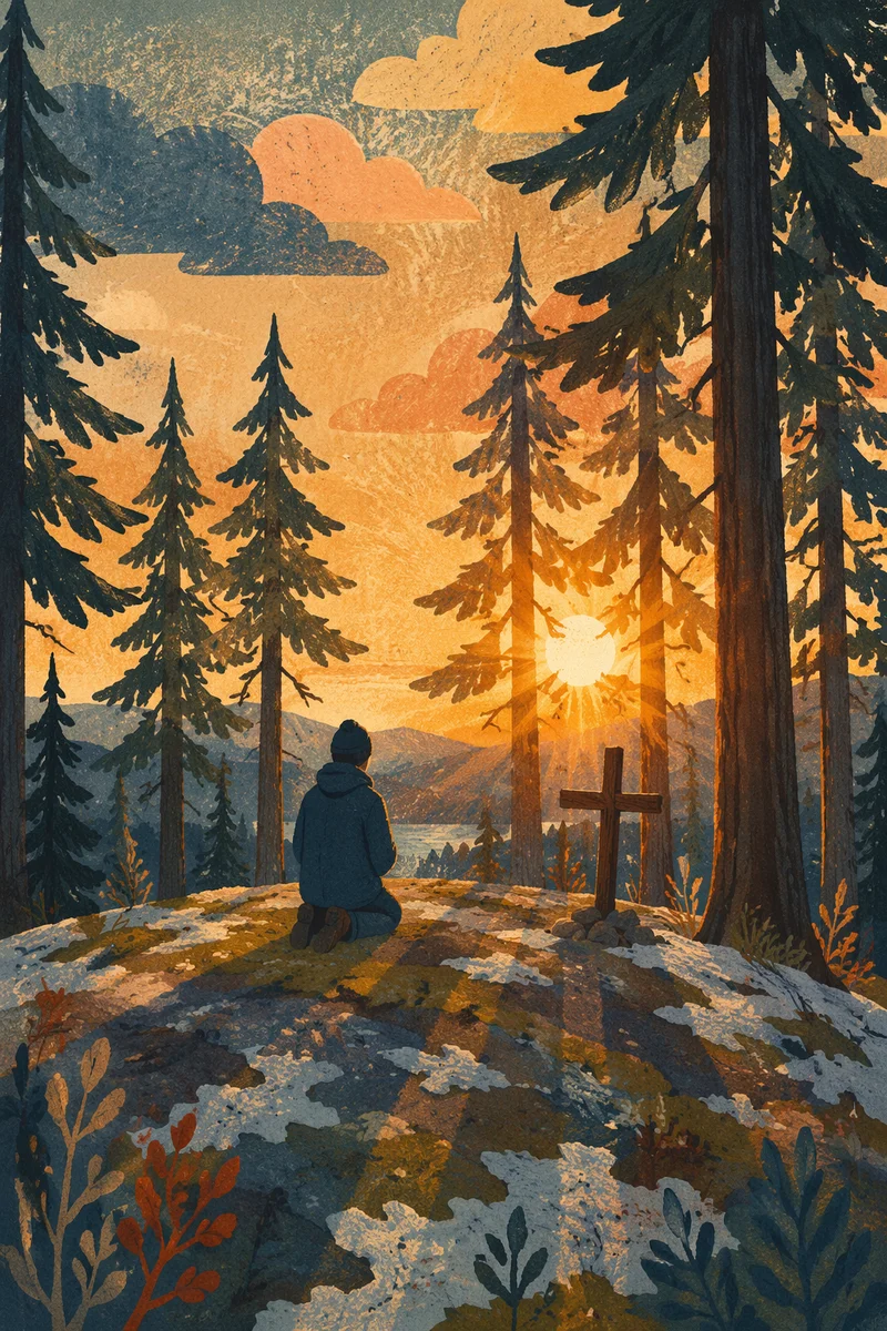 Silhouetted Prayer Among Evergreens at Sunset