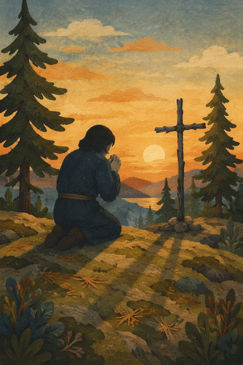 Silhouette Prayer Among Pines at Sunset