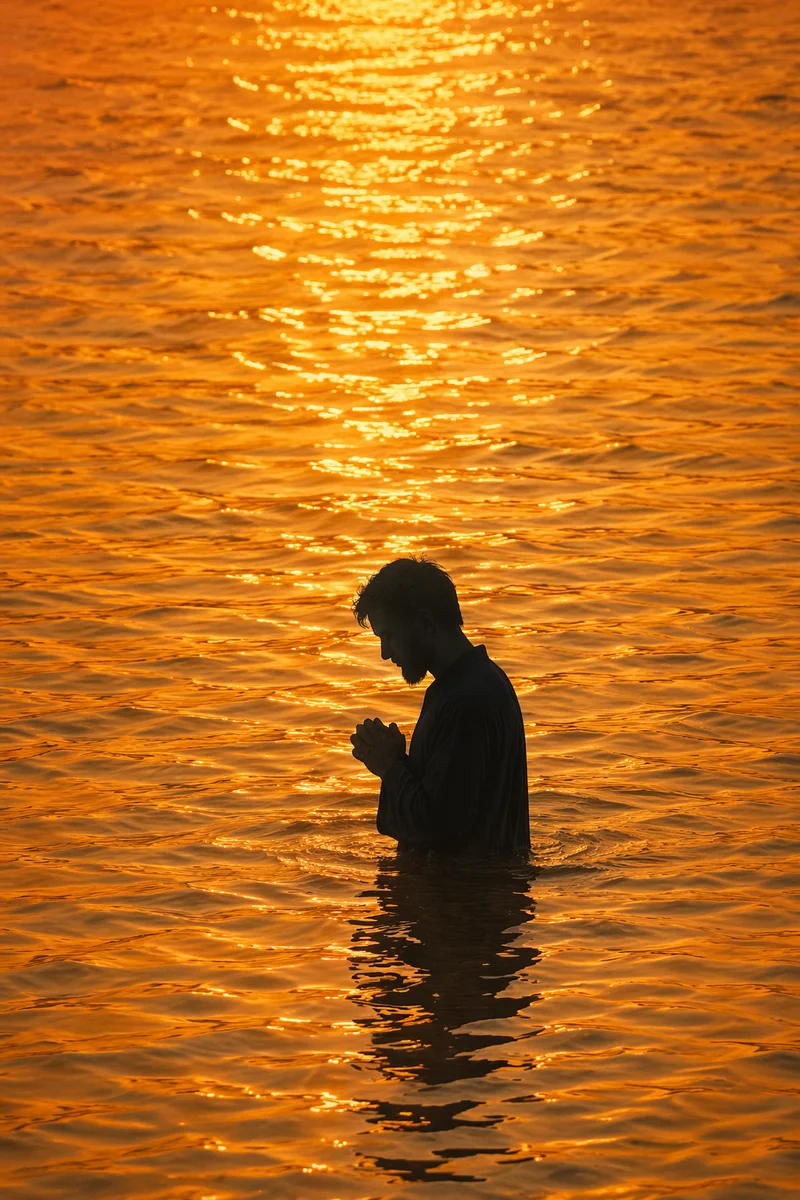 Silhouetted Prayer in Golden Sunset Waters