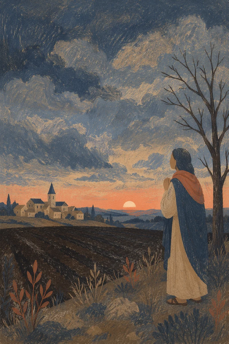 Silhouette Prayer at Rural Sunset Sky