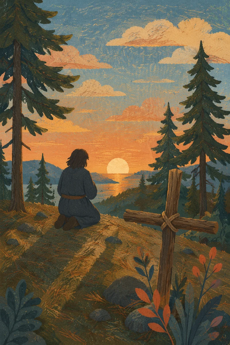Silhouetted Prayer Among Evergreen Pines at Sunset