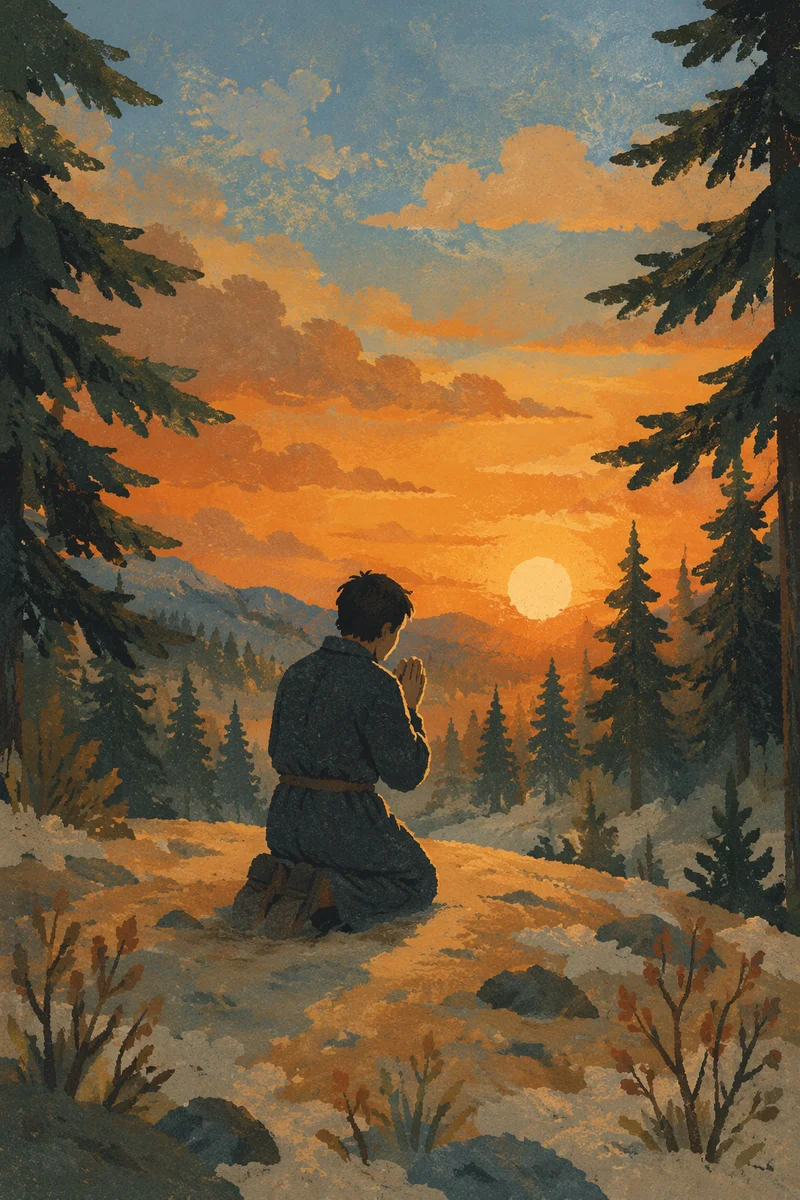 Silhouetted Prayer Among Evergreens at Sunset
