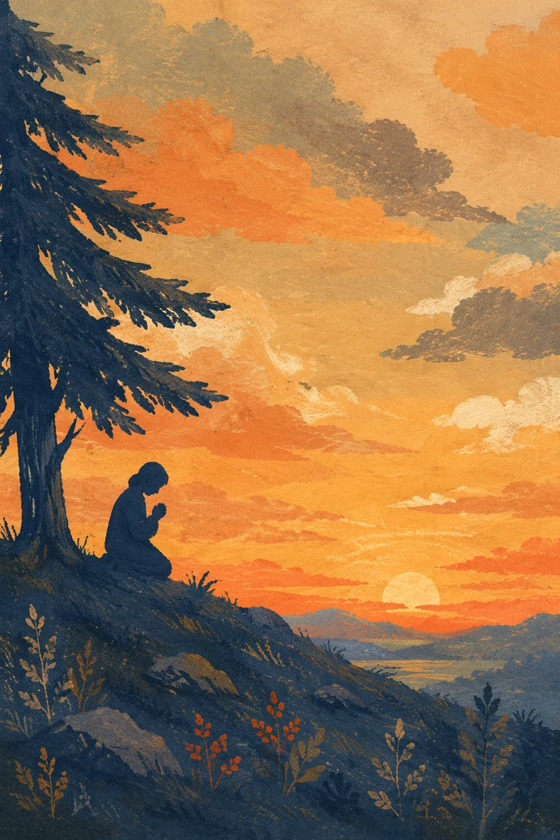 Silhouetted Prayer Beneath Evergreen Sunset Sky