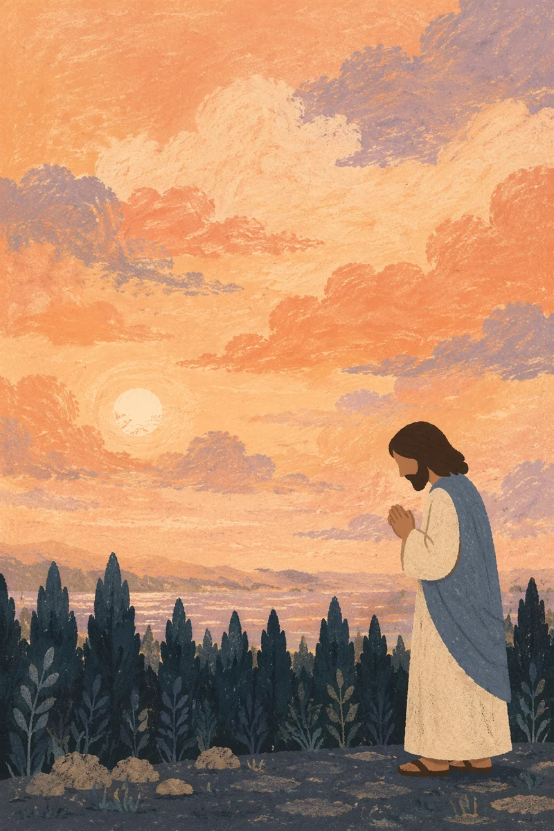 Silhouetted Prayer Beside Evergreens at Sunset