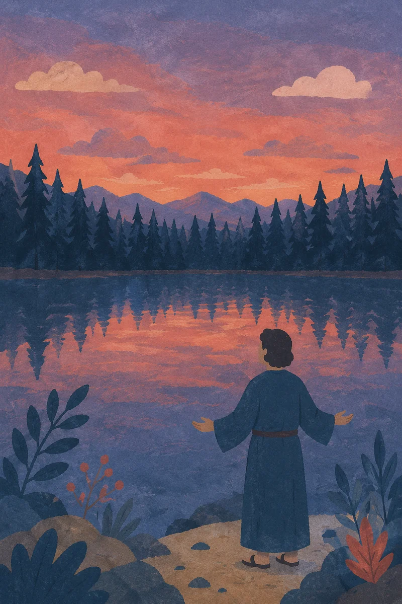 Silhouetted Prayer by Evergreen Lake at Sunset