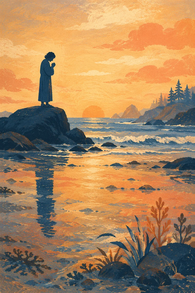 Silhouette Prayer on Coastal Sunset