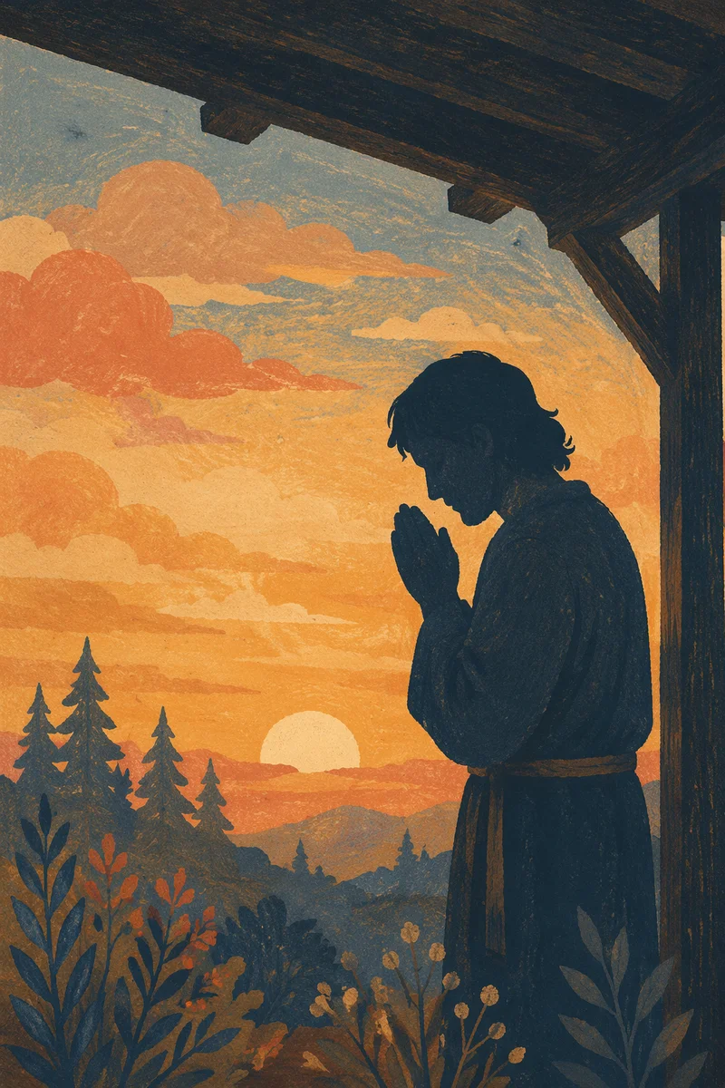 Silhouetted Prayer Beneath an Evergreen Sunset