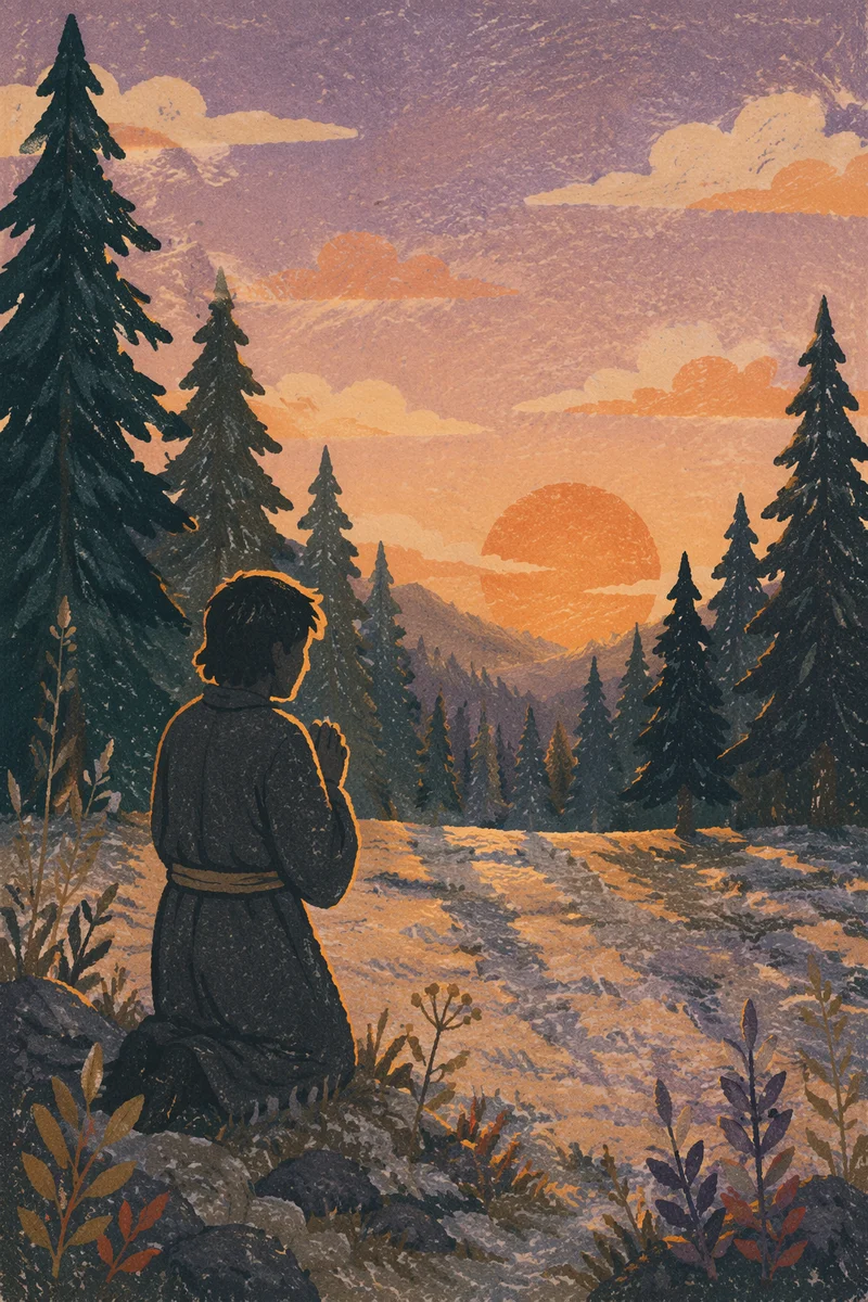 Silhouette Praying Beside Evergreen Forest at Sunset