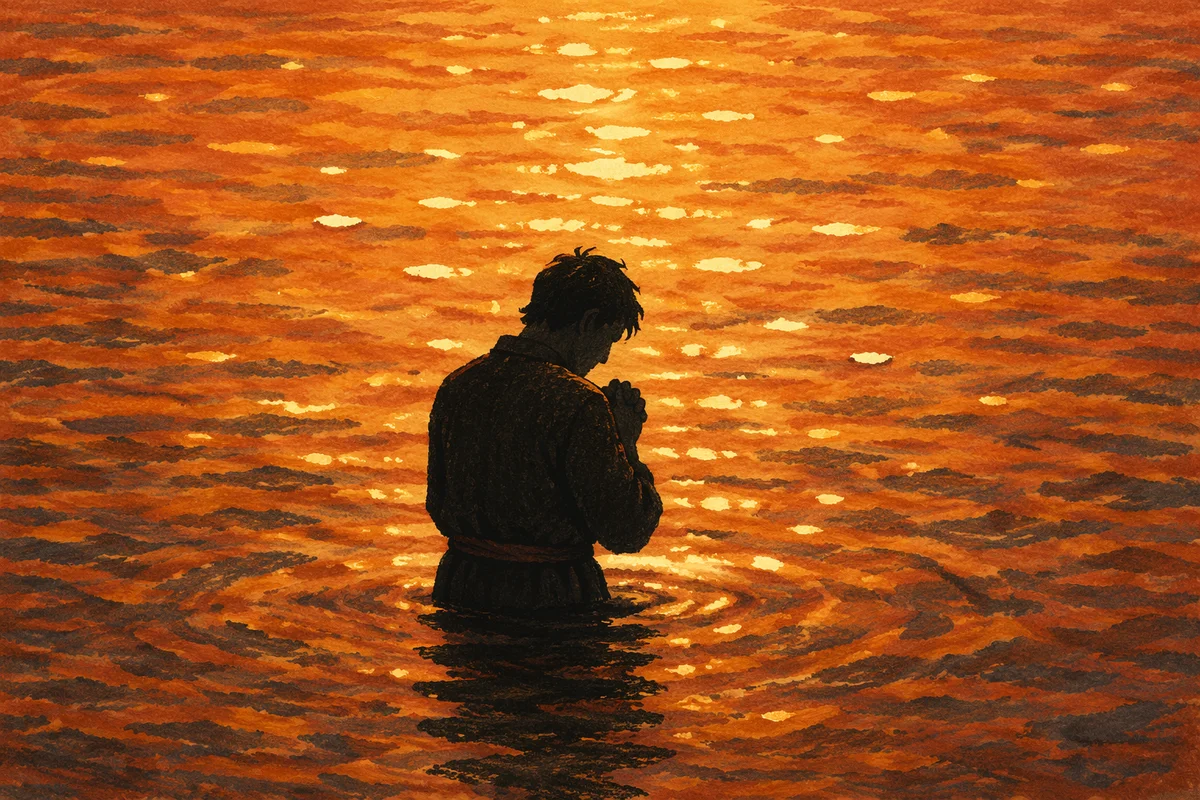 Silhouette Praying in Golden Sunset Waters