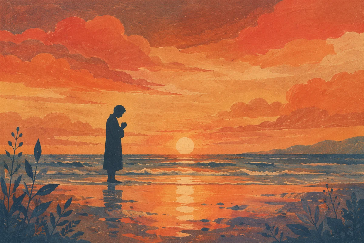 Silhouetted Prayer on Sunset Shoreline