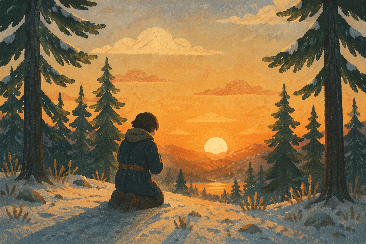 Silhouette Praying Beneath Evergreen Sunset