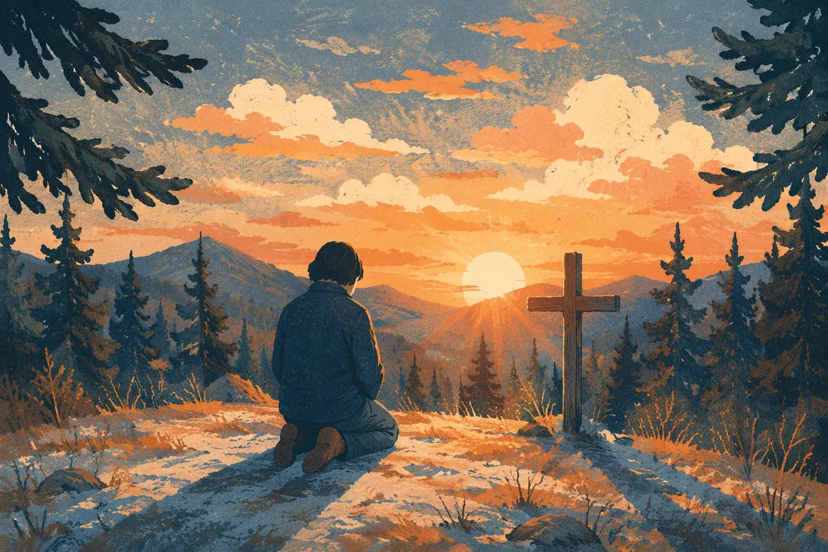 Silhouetted Prayer Beneath Evergreen Sunset