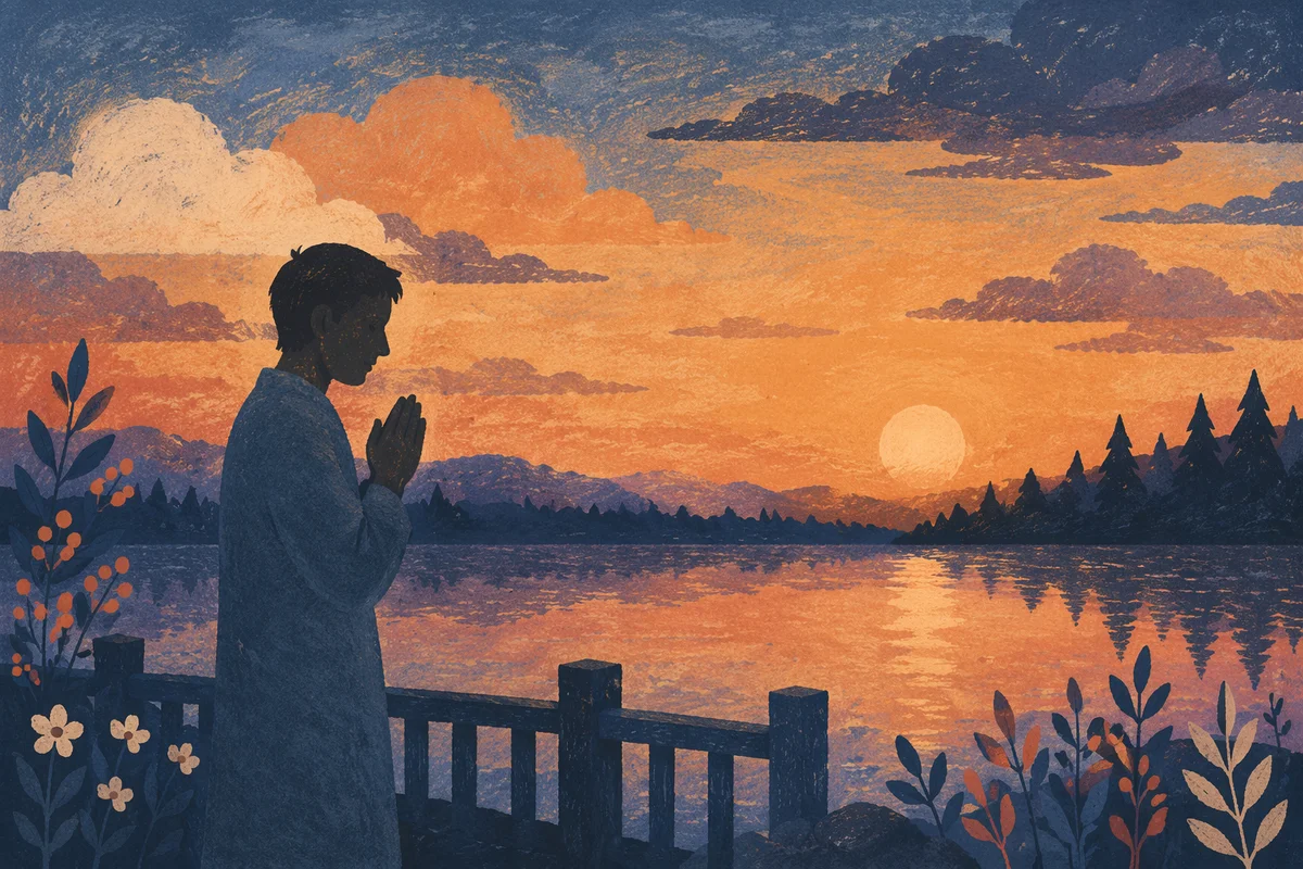 Silhouette Praying Beside Sunset Lake