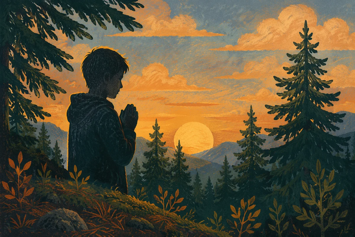 Praying Silhouette Among Evergreens at Sunset