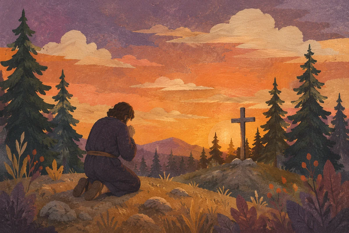 Silhouetted Prayer on Evergreen Hill at Sunset