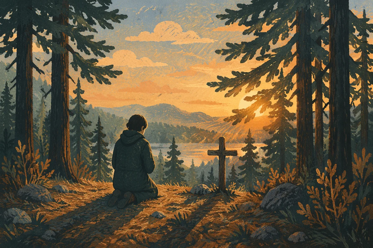 Silhouette Praying Among Pines at Sunset