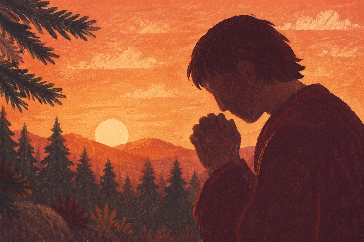 Prayer Silhouette Against Evergreen Sunset