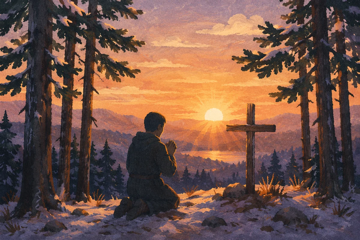 Silhouette Praying by Evergreen Sunset Cross