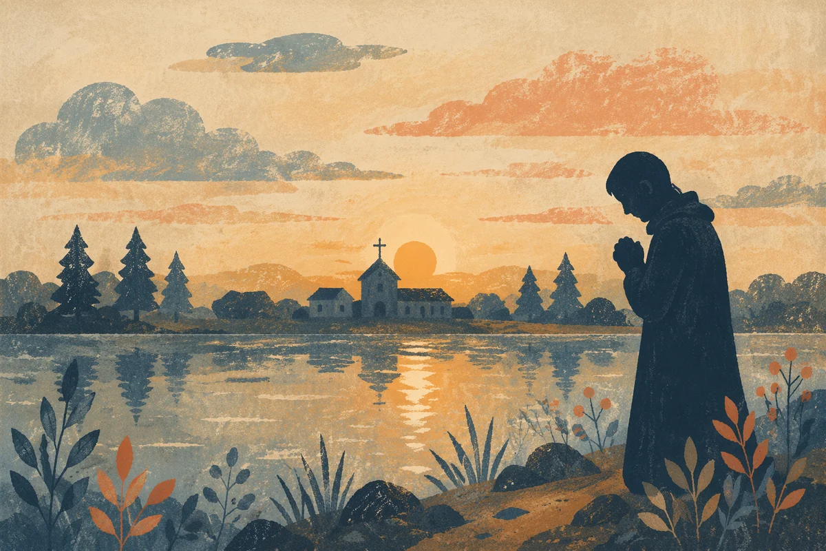 Silhouette Praying Beside Sunset Lakeshore Chapel