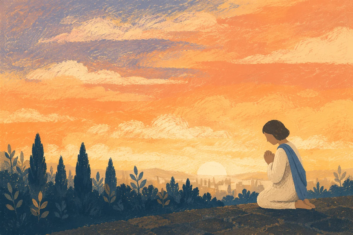 Silhouette Praying Beside Evergreens at Sunset