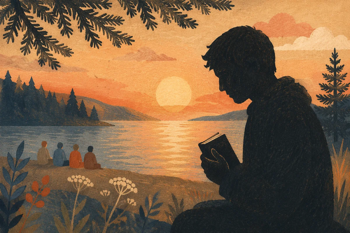 Silhouetted Prayer by Evergreen Lakeshore Sunset